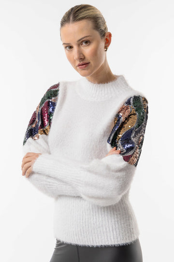 Mock Neck White Knit Jumper with Sequin Shoulder ANGELEYE
